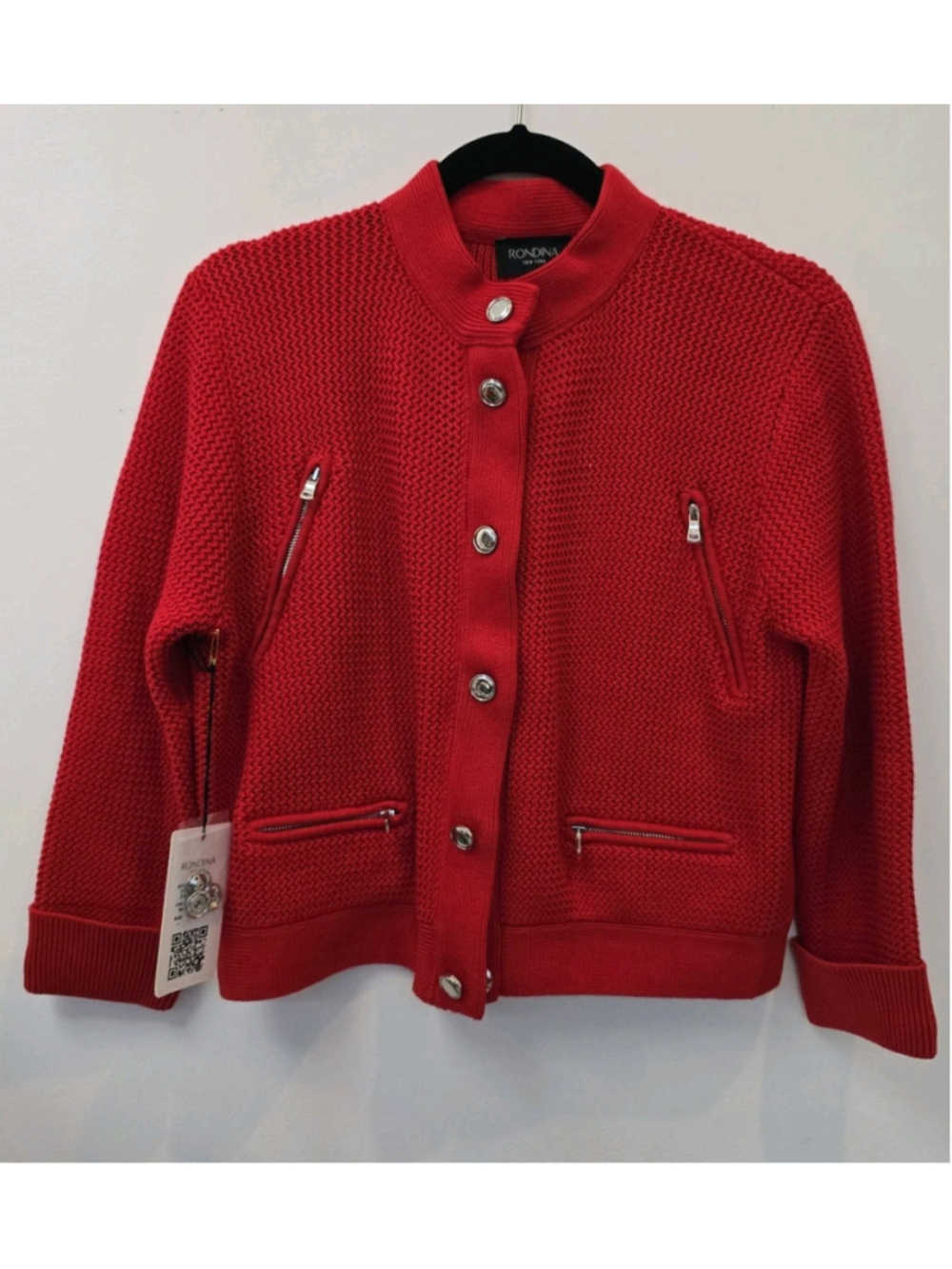Rondina New York Red Waffle Weave Snap & Zip Front Red Cardigan L $275
